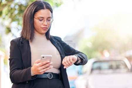 Photo for Business, woman and checking time in city with phone for schedule for meeting with planning in morning. Appointment, professional female and looking at watch in street for interview in outdoor - Royalty Free Image
