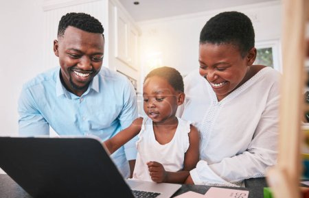 Photo for Teaching, parents and girl with a laptop, home and happy with technology, network or connection. Black family, mother or father with female child or kid with elearning, homeschool or education game. - Royalty Free Image