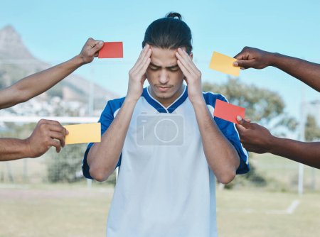 Photo for Hands, card and man with stress from soccer, training headache and warning on the field. Sports, burnout and frustrated athlete with anxiety during a football game with a red and yellow referee fail. - Royalty Free Image