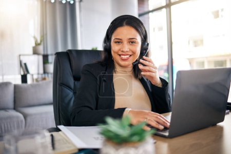 Photo for Happy woman, call center and laptop with headphones in remote work for customer service or support at home office. Friendly female person, consultant or freelance agent smile in online advice or help. - Royalty Free Image