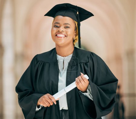 Photo for Smile, college and portrait of woman at graduation with degree, diploma or certificate scroll. Success, happy and young African female university graduate with crossed arms for confidence on campus - Royalty Free Image
