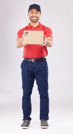Photo for Happy, shipping box or portrait of delivery guy in studio with courier service, supply chain package or smile. Full body, white background or man with distribution, online shopping or mail services. - Royalty Free Image