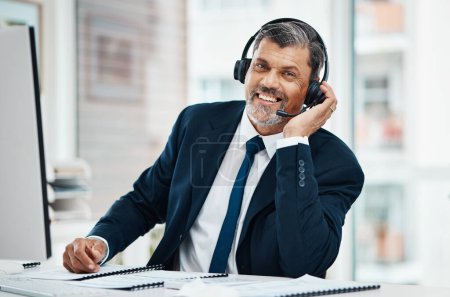 Photo for Portrait, call center and mature man with smile for business, customer service and listening for support. Face, telemarketing and happy professional, sales agent and entrepreneur working at help desk. - Royalty Free Image