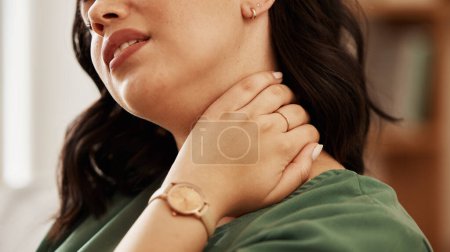 Photo for Neck, pain and face of woman with stress, joint inflammation and arthritis crisis at home. Healthcare, injury and closeup of female person with muscle ache, nerve tension and anxiety of fatigue. - Royalty Free Image