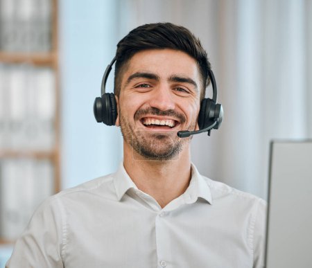 Photo for Telemarketing, man and portrait of consultant smile for customer support, contact agent and CRM communication. Face of happy salesman with microphone in call center, telecom advisory or FAQ questions. - Royalty Free Image