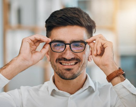 Photo for Portrait, business and man with glasses, smile and clear vision with confidence, career goals and happiness. Face, male person and professional with eyewear, spectacles and looking with sight and see. - Royalty Free Image