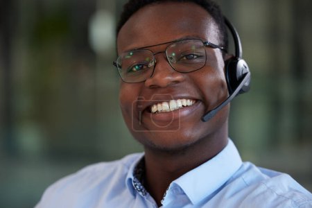 Photo for Portrait, customer service and black man with telemarketing, smile or crm with tech support, business or headphones. Face, male person or consultant with happiness, headset or telecom sales with help. - Royalty Free Image