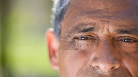 Photo for Eyes, vision and closeup of elderly man, face and wisdom with focus, insight and thinking with mockup space. Old male person outdoor, perspective or point of view with eyesight and thoughtful. - Royalty Free Image