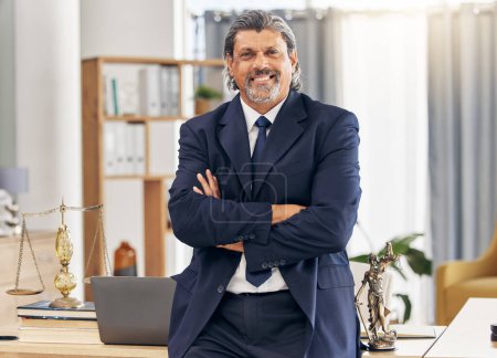 Photo for Portrait, lawyer and arms crossed with smile man in office for legal advice at law firm. Attorney, judge and male person with confidence as a work professional at consulting agency with happy face - Royalty Free Image