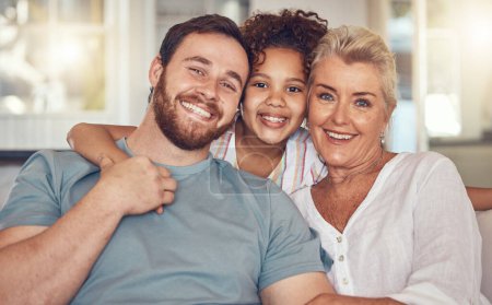 Photo for Portrait, happy family and grandmother, kid and father in home, bonding and relax together in living room. Face, smile and dad, girl and grandma with care, love and interracial for adoption in house. - Royalty Free Image