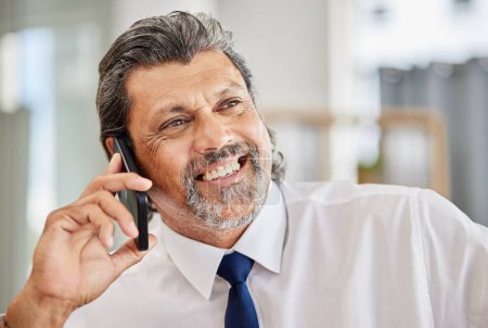 Photo for Phone call, happy man and senior manager in office at law firm, consulting on legal advice and communication. Cellphone, smile and businessman, attorney or lawyer in advisory conversation with pride - Royalty Free Image