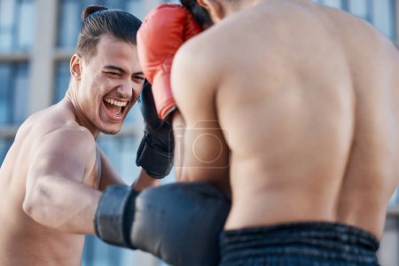Photo for Punch, boxing match or strong man fighting in sports training, body exercise or fist punching with power. Men, boxers or combat fighters boxing in practice or fitness workout in ring with action. - Royalty Free Image