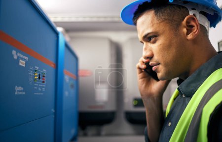 Photo for Phone call, man and technician working in control room or engineering service on switchboard, power box or maintenance on generator. Electrician, construction worker and check on inverter and advice. - Royalty Free Image