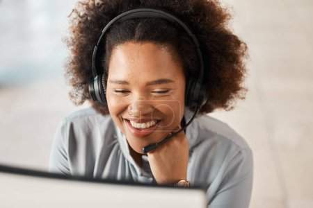 Photo for Call center, happy woman and computer for customer service, consulting or tech support in CRM agency. Face of female sales consultant, advisor or communication of telecom questions at help desk. - Royalty Free Image