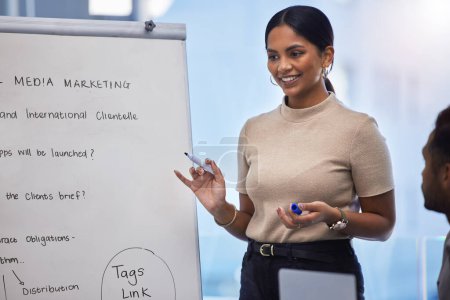 Photo for Business, happy woman and leader at whiteboard for discussion, planning presentation and feedback in meeting. Marketing seminar, brainstorming and female manager training team in creative workshop. - Royalty Free Image