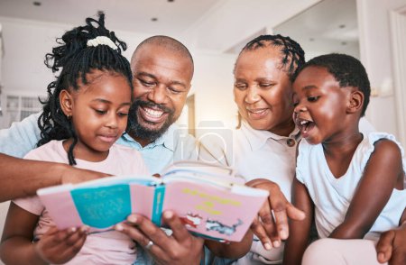 Photo for Education, happy kids or grandparents storytelling for learning, child development or bonding at home. Grandmother, black family or grandfather reading book for children with love, smile and support. - Royalty Free Image