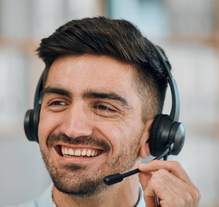 Photo for Telemarketing, consulting and face of man in call center for customer service, lead generation or CRM offer. Happy salesman, consultant or contact on microphone for telecom, advisory or FAQ questions. - Royalty Free Image