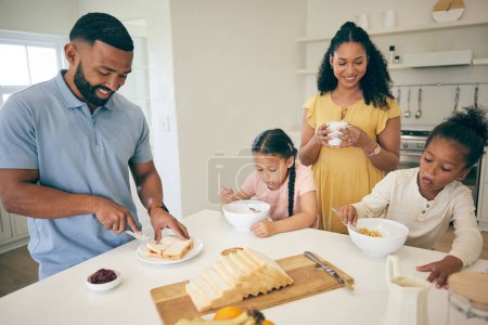 Photo for Parents, prepare and children in kitchen for breakfast, lunch and eating meal at home together. Happy family, morning and girls, mother and father with food for healthy diet, hunger and nutrition. - Royalty Free Image