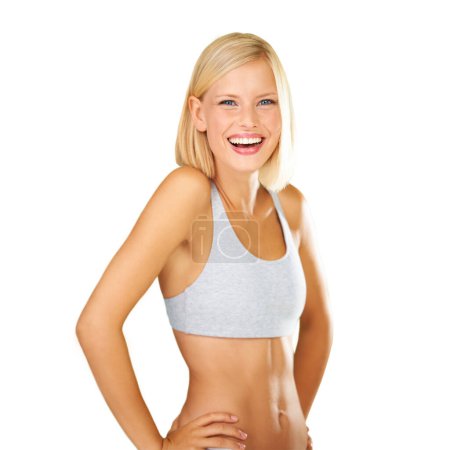 Photo for Fitness, exercise and a healthy body of a woman after her workout and training on a png, transparent and mockup or isolated background. A beautiful blonde girl feeling fit and confident in wellness. - Royalty Free Image