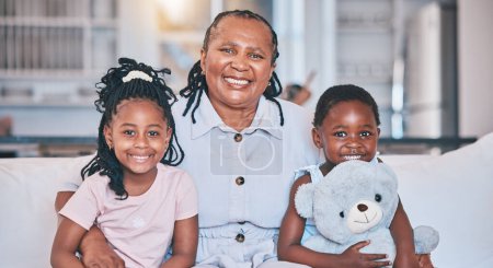 Photo for Portrait, black children and senior grandmother on sofa with happiness or quality time with care. Love, kid and happy face with elderly female in family home with smile on couch for bond in lounge - Royalty Free Image
