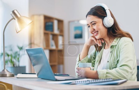 Photo for Laptop, study and headphones with woman in home office for elearning, education and blog. Digital, online class and college with female student and research for streaming, virtual and subscription. - Royalty Free Image
