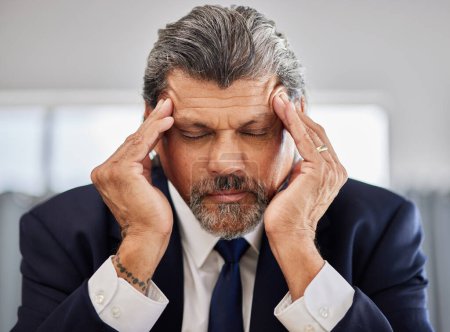 Photo for Senior business man face, problem and headache over corporate mistake, company fail and sad CEO tired in office. Mental health anxiety, migraine pain and senior person burnout, fatigue or depressed. - Royalty Free Image