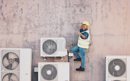Photo for Technician woman, air conditioning maintenance or thumbs up with smile, success or portrait on ladder by building wall. African engineer, emoji or sign for yes, agreement or achievement for ac repair. - Royalty Free Image