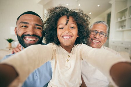 Photo for Selfie of dad, grandfather and boy child in home for love, profile picture and quality time together. Face portrait of young kid with photography of family generations, memory or smile on fathers day. - Royalty Free Image