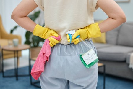 Photo for Back of woman, cleaning cloth and bottle with gloves for home disinfection of dirt, bacteria and dust. Closeup hands of female person ready for housekeeping with chemical spray and detergent product. - Royalty Free Image