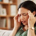 Stress, headache and woman on a sofa with vertigo, brain fog or burnout in her home. Migraine, anxiety and female in a living room with problem fail or crisis, fatigue or mental health problem.