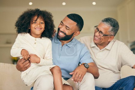Photo for Happy, family and home with father and relax with parents, grandparents and child together. Parent care, love and support with young kid on a lounge sofa in a house with a smile in a living room. - Royalty Free Image