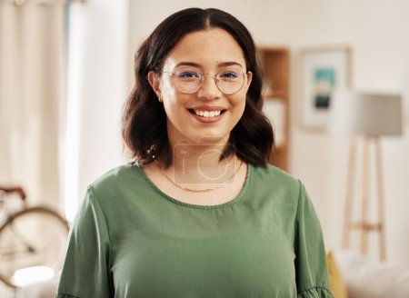 Photo for Happy, home and portrait of relax woman with eye care glasses, lens frame or smile for weekend free time. Happiness, eyeglasses and face of young person in apartment living room with positive mindset. - Royalty Free Image