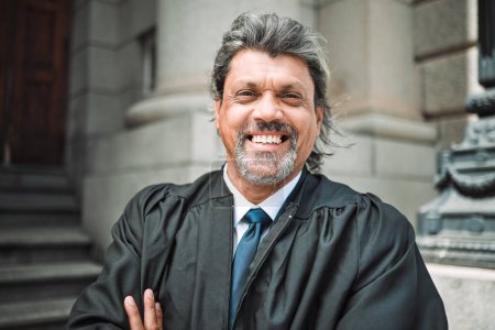 Photo for Portrait, smile and a senior man judge at court, outdoor in the city during recess from a legal case or trial. Happy, authority and power with a confident magistrate in an urban town to practice law. - Royalty Free Image