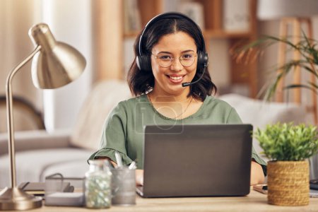 Photo for Woman, portrait and smile in home office for call center job, headphones and mic for crm communication with laptop. Customer service, tech support and pc for remote work, help desk and telemarketing. - Royalty Free Image