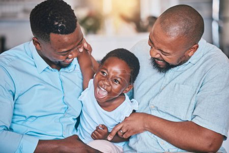 Photo for Black family, grandfather or dad playing with child bonding or laughing to relax together at home. African grandpa, happy funny kid or happy dad tickling girl with care, smile or love enjoying humor. - Royalty Free Image