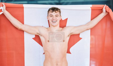 Photo for Canadian flag, smile and portrait of man for sport, swimming and Canada fan. Banner, national maple leaf and face of happy athlete with patriotism, pride and represent country, support or motivation. - Royalty Free Image
