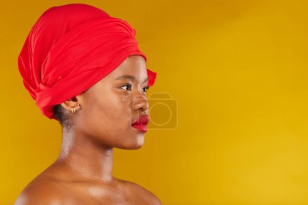 Photo for Beauty, makeup and headscarf with profile of black woman in studio for facial, creative and pride. Skincare, salon and natural with female model on brown background for wellness, self care and glow. - Royalty Free Image