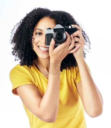 Photo for Photography, camera and portrait of woman photographer and happy as a creative isolated in a studio white background. Happy, photoshoot and artistic person with a hobby and takes picture of memory. - Royalty Free Image