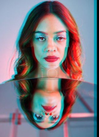 Photo for Art, mirror and beauty, portrait of woman on studio background with neon 3d light and makeup. Fashion, skin and future aesthetic, face of girl or model in creative reflection with cosmetics and color. - Royalty Free Image