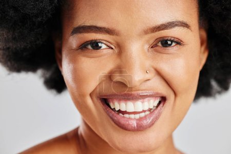 Photo for Beauty portrait, dental or African woman smile for studio skincare shine, facial cosmetics or clean teeth whitening. Natural aesthetic makeup, oral tooth care or happy person face on white background. - Royalty Free Image