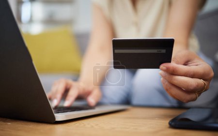 Photo for Hands, credit card and online shopping on laptop in home for digital payment, fintech password and ecommerce. Closeup of person, computer and internet banking for financial sales, budget and account. - Royalty Free Image