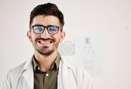 Photo for Eye exam, smile and portrait of man optometrist with confidence, glasses and friendly service in consultation office. Ophthalmology, face and happy male eye expert proud of vision testing career. - Royalty Free Image