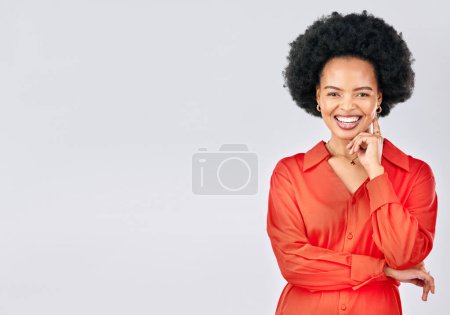 Photo for Happy, mockup and portrait of a black woman on a white background in studio with arms crossed or pride. Smile, confidence and an African person isolated on a banner backdrop with advertising space. - Royalty Free Image