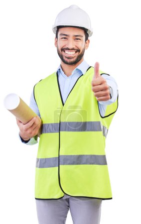 Photo for Architect thumbs up, portrait and man smile for blueprint success feedback, real estate design vote or engineer agreement. Construction floor plan, emoji yes icon or studio person on white background. - Royalty Free Image