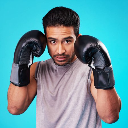 Photo for Boxing, man and fighter training, portrait or challenge against a blue studio background. Male person, boxer or serious athlete with power, face or energy with workout goals, fight or strong champion. - Royalty Free Image