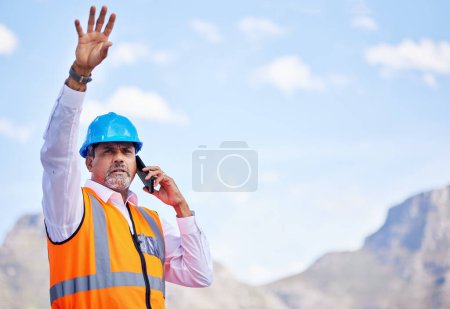 Photo for Outdoor, phone call and construction worker talking about building, project management and development in the city. Engineer, architect or senior man on smartphone for industrial work inspection. - Royalty Free Image