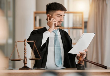 Photo for Attorney man, scales and hammer with phone call, documents and reading with thinking for crime analysis. Advocate, lawyer or judge with legal research, paperwork and networking for court evidence. - Royalty Free Image