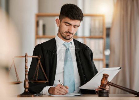Photo for Attorney man, scales and hammer with writing, documents and notes for reading, thinking and crime analysis. Advocate, lawyer or judge with legal research, paperwork and analytics for court evidence. - Royalty Free Image