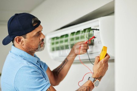 Photo for Electrician, multimeter and test for power, electricity or energy inspection on electrical box, system and voltage tools. Technician, engineer or handyman to measure current, supply or maintenance. - Royalty Free Image