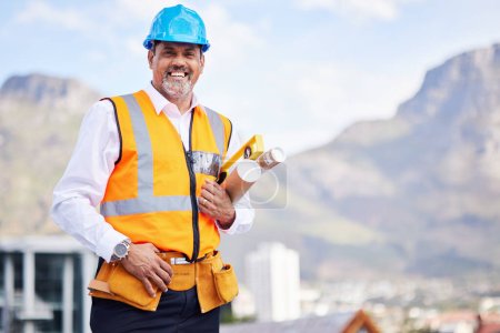 Photo for Man, engineering portrait and city with blueprint construction, project management and outdoor design. Happy face of architecture person, contractor or industrial manager in helmet and floor plan. - Royalty Free Image